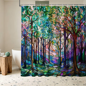 Puuiui colorful stained-glass forest scene curtain enhances nature-inspired bathroom ambiance.
