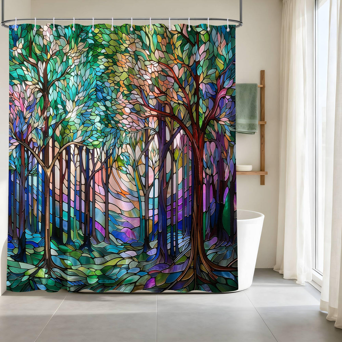 Puuiui full-coverage curtain hides tub edges neatly.