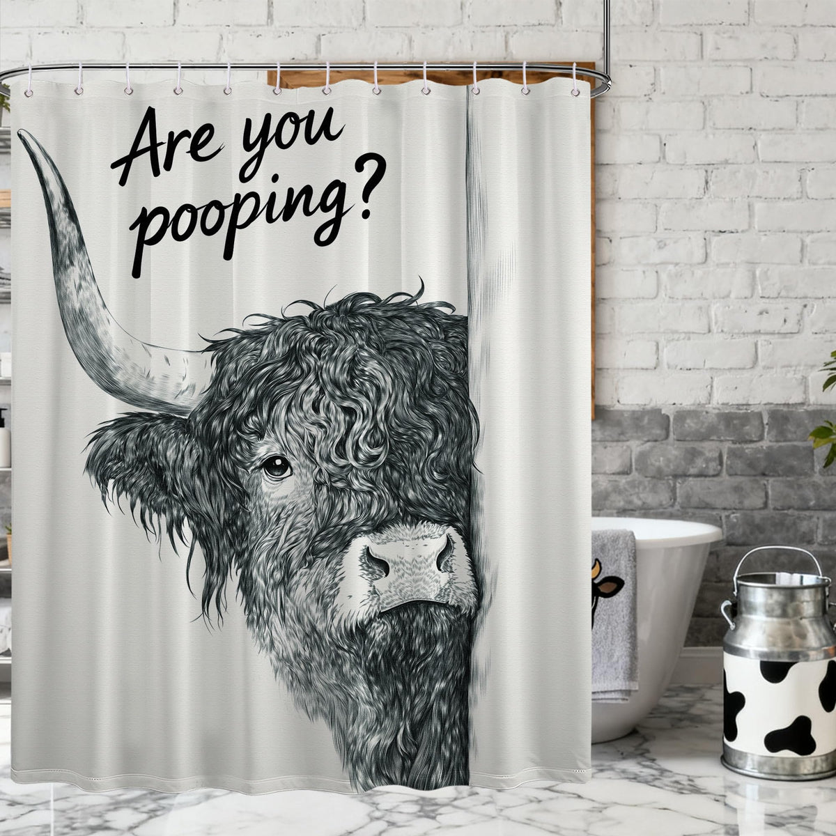 Puuiui Highland Cow shower curtain graphic adds playful farm style while protecting your bathroom