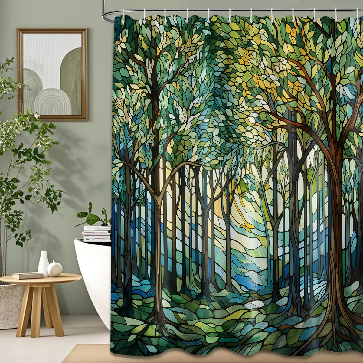 puuiui stained glass green forest shower curtain with hooks for splash protection