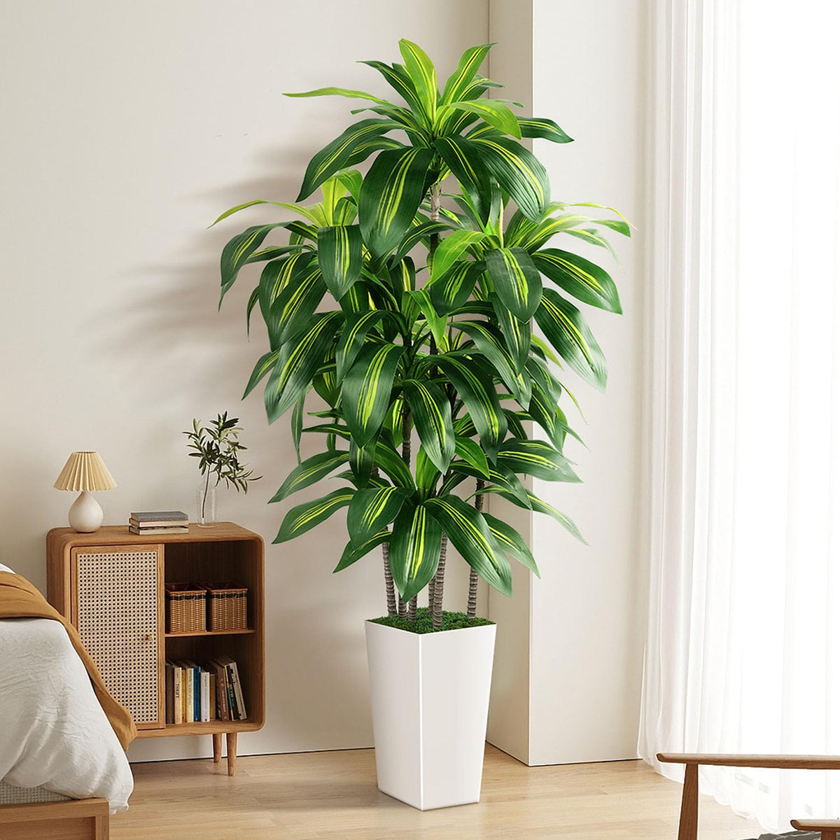 PUUKU artificial dracaena tree, 5ft tall in white planter, ideal for living room ambience.
