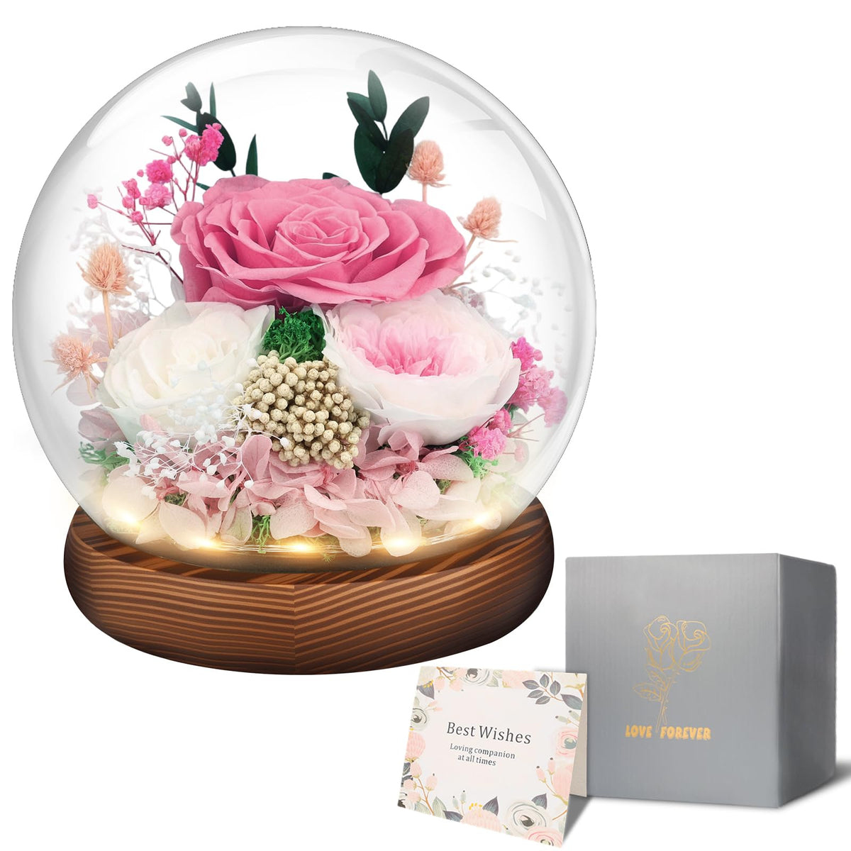 Puxinargo eternal pink rose in glass dome with LED light for lasting romantic display.