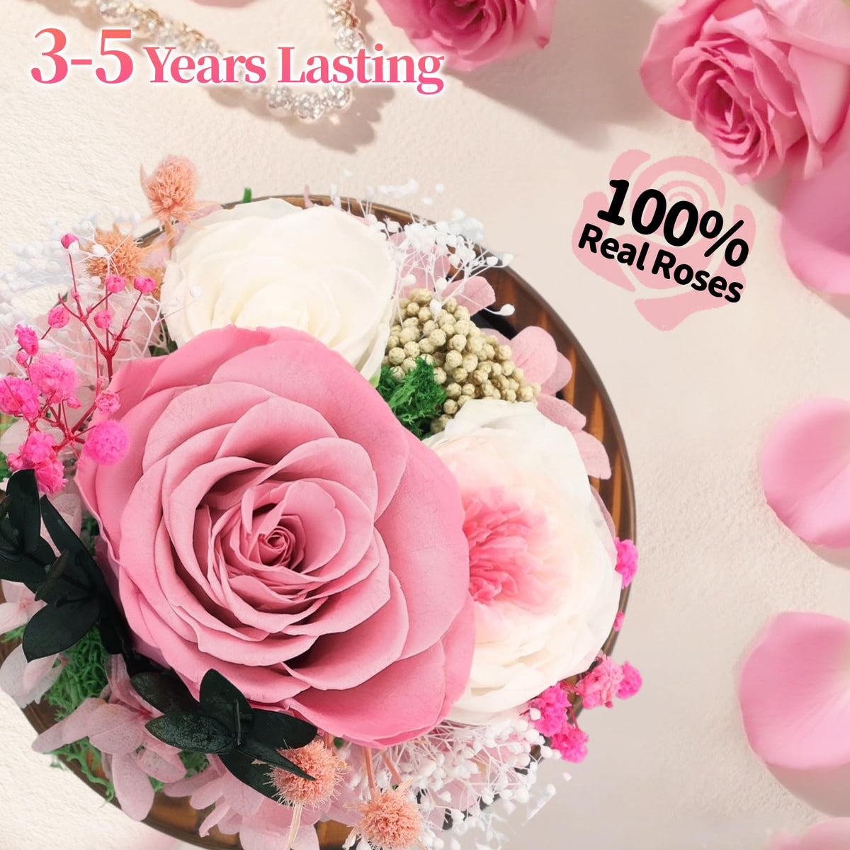 Close-up of a preserved pink rose showing natural color and artisan preservation by Puxinargo.