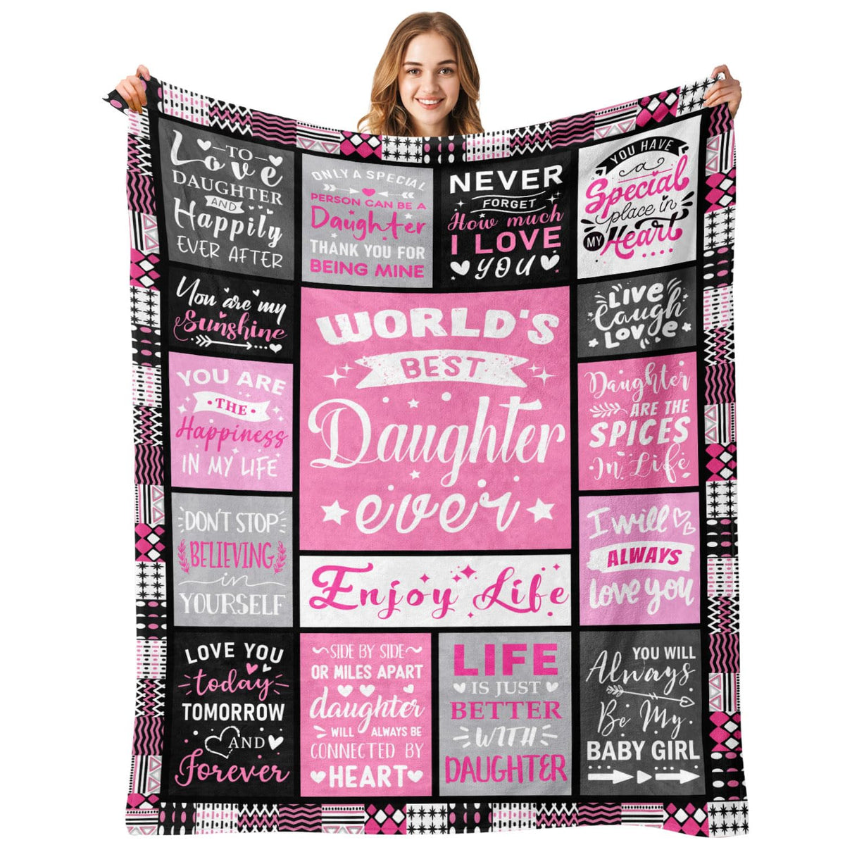 PVDSAVE Daughter Life Blanket 50x60 folded on bed for cozy warmth and emotional comfort.