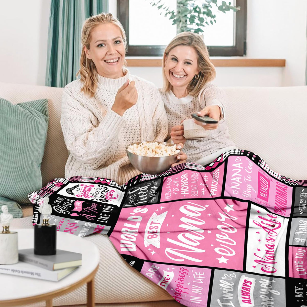 PVDSAVE Nana blanket draped over bed adds warmth and farmhouse charm.