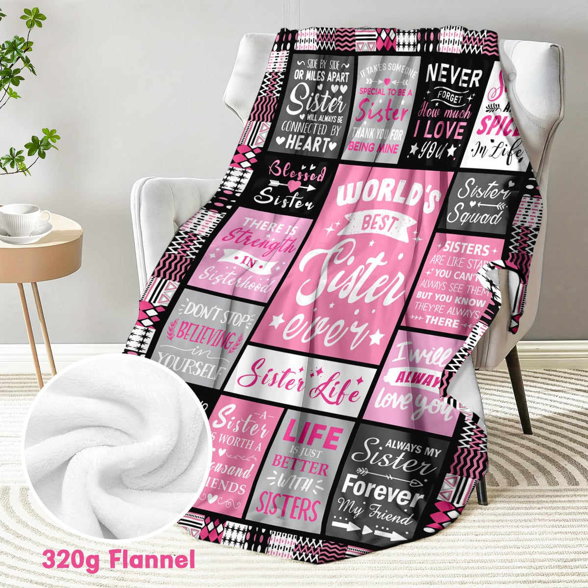 PVDSAVE Sisters Life Blanket folded on bed adds soft color and warmth.