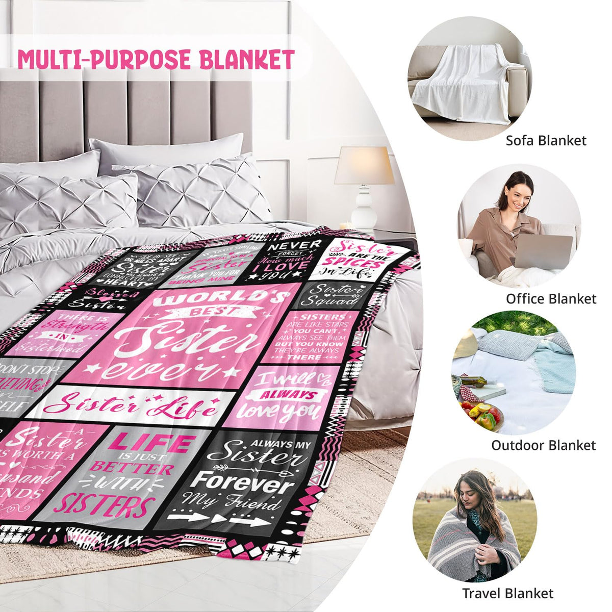 PVDSAVE Sisters Life Blanket travels easily as a cozy travel companion.