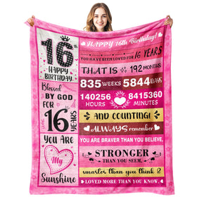 PVDSAVE Sweet 16 blanket on a bed with soft lighting for a warm birthday vibe.