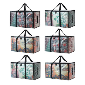 PWRSC 6-pack clear moving bags with zippers showing 93L capacity for bulky items.