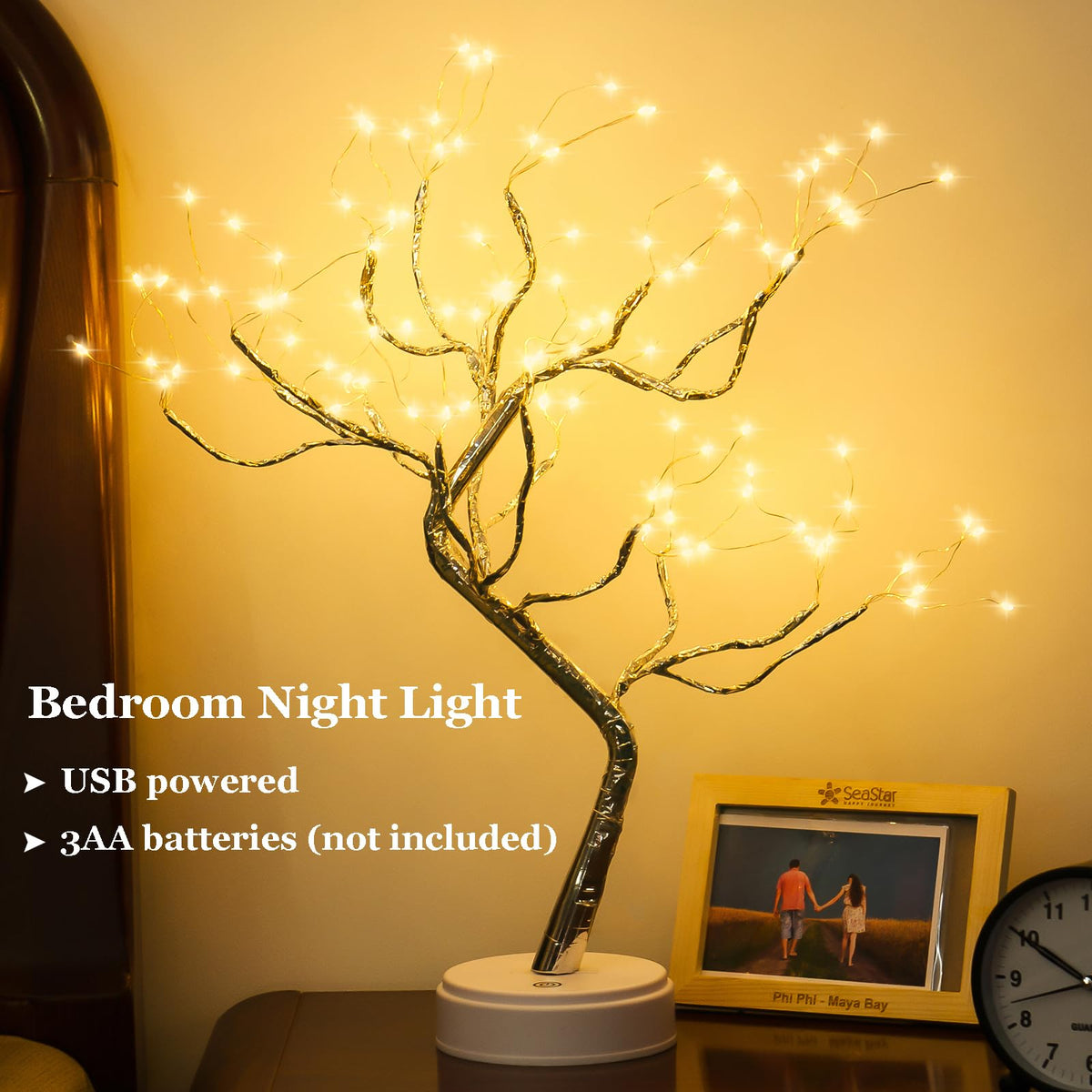 PXBNIUYA table-top bonsai lamp emits warm white glow for living rooms.