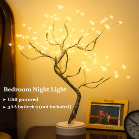 PXBNIUYA table-top bonsai lamp emits warm white glow for living rooms.