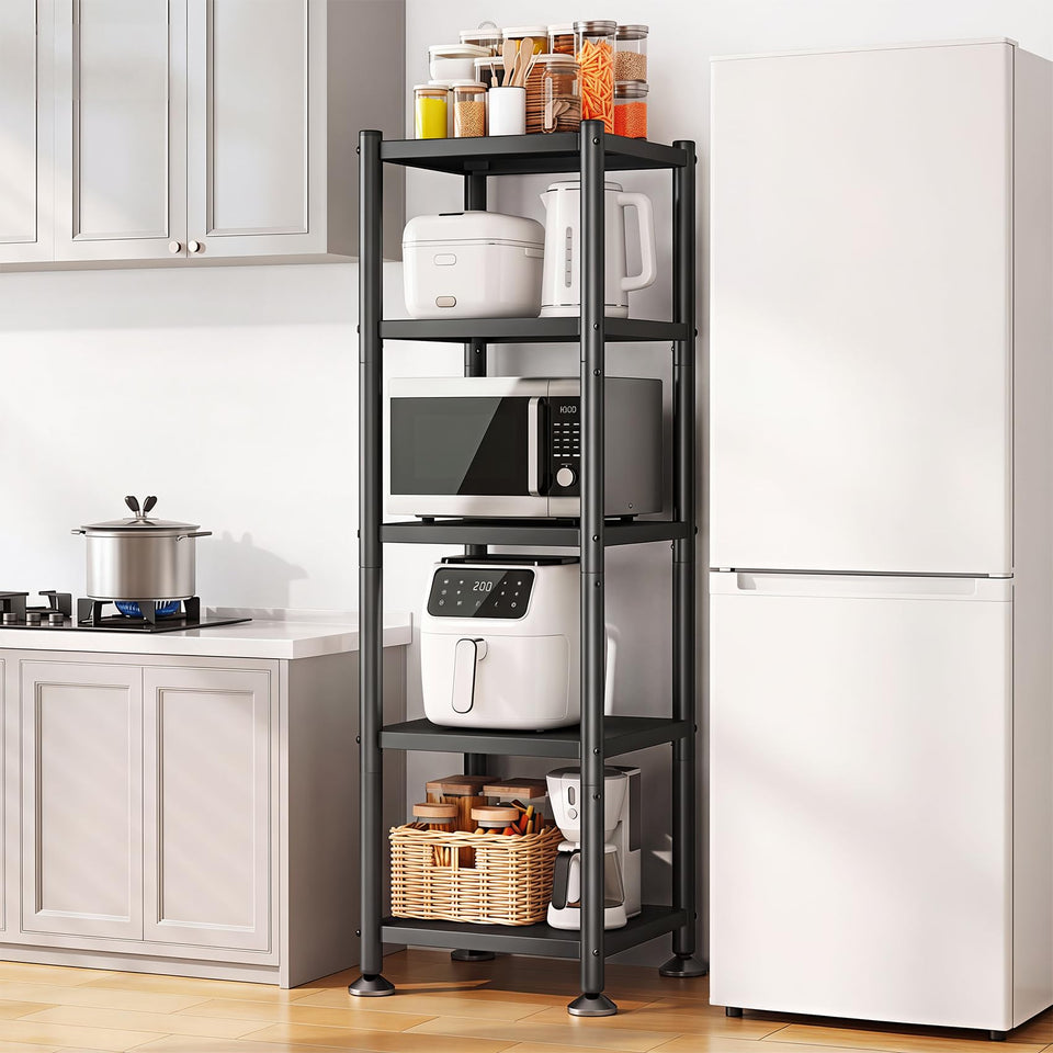 PXRACK 5-tier shelf side view shows sturdy carbon steel for heavy-duty storage.