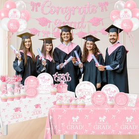 Pymurod pink tablecloth ties the color theme together for a polished party setting.