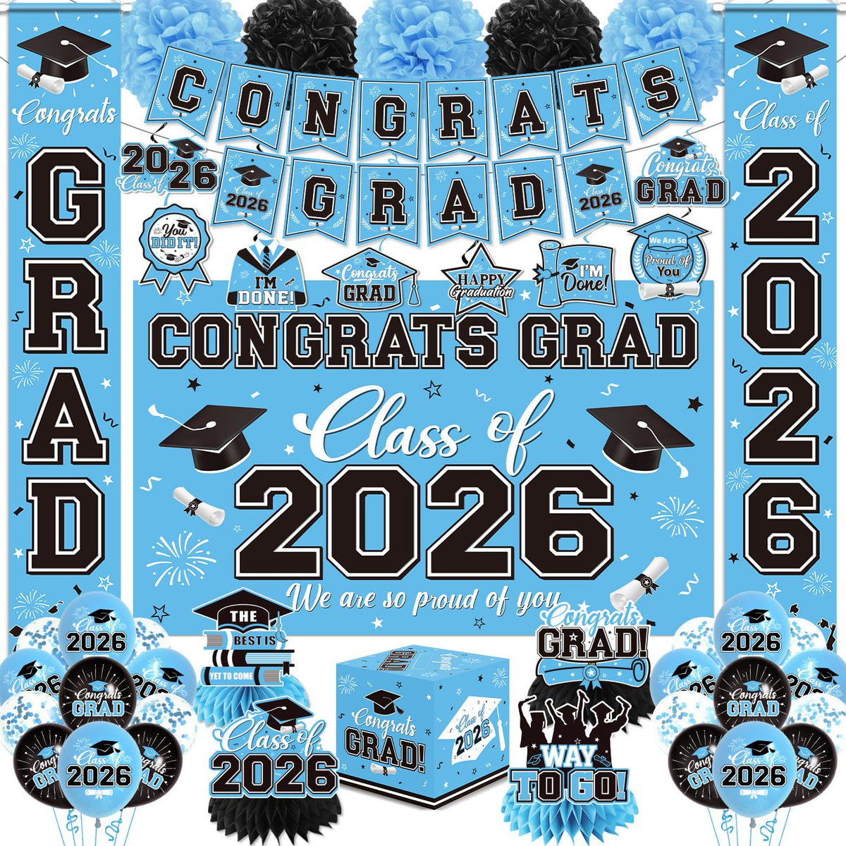 Pymurod congrats grad banner in blue tones for graduation photo moments.