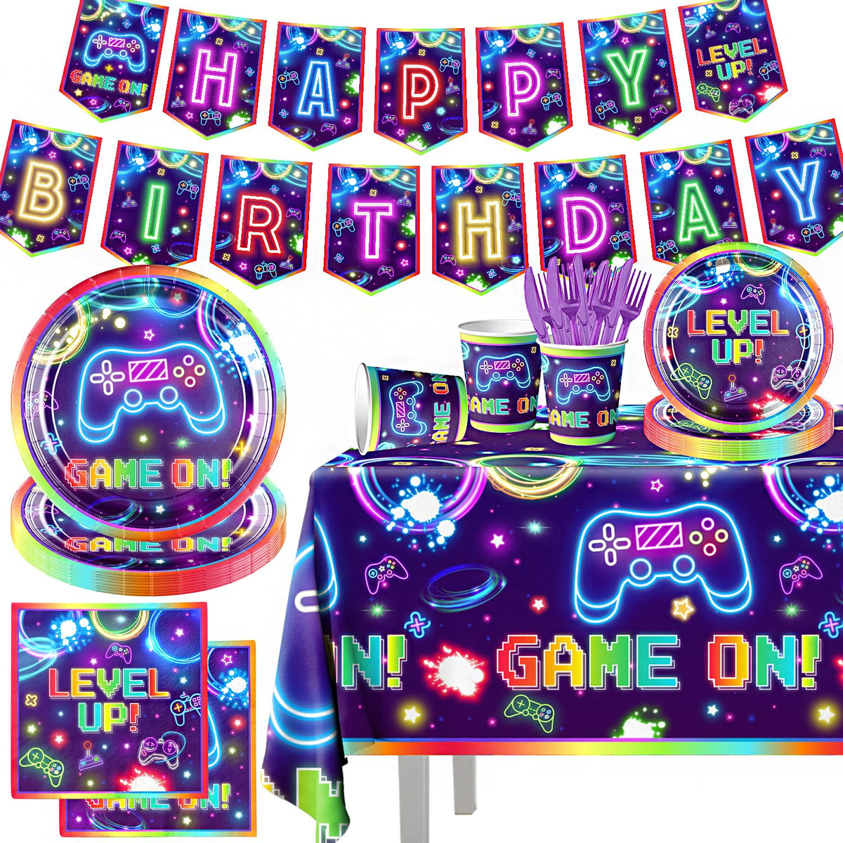 Pymurod game birthday tablecloth adds neon gaming vibes to the party backdrop.