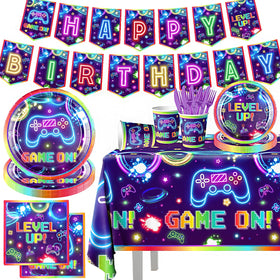 Pymurod game birthday tablecloth adds neon gaming vibes to the party backdrop.