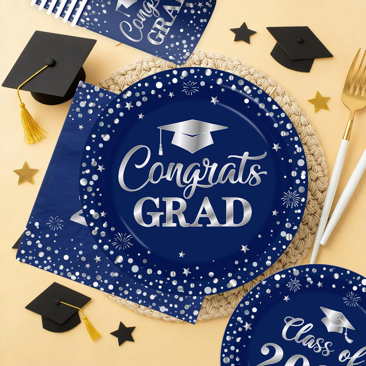 Pymurod graduation cups 9oz blue and silver, sturdy for beverages during the party.