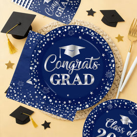 Pymurod graduation cups 9oz blue and silver, sturdy for beverages during the party.