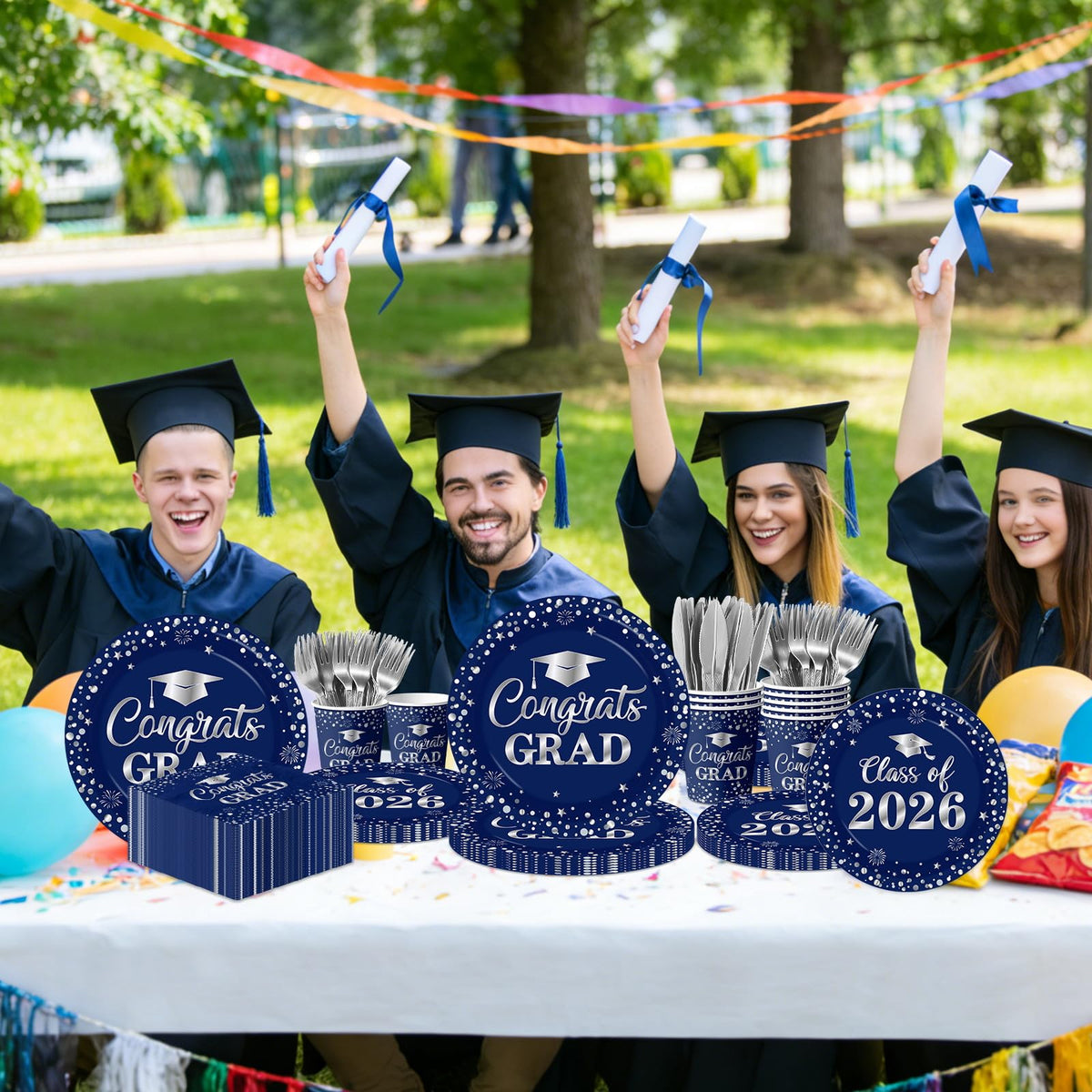 Pymurod graduation forks blue and silver, disposable cutlery for easy cleanup.