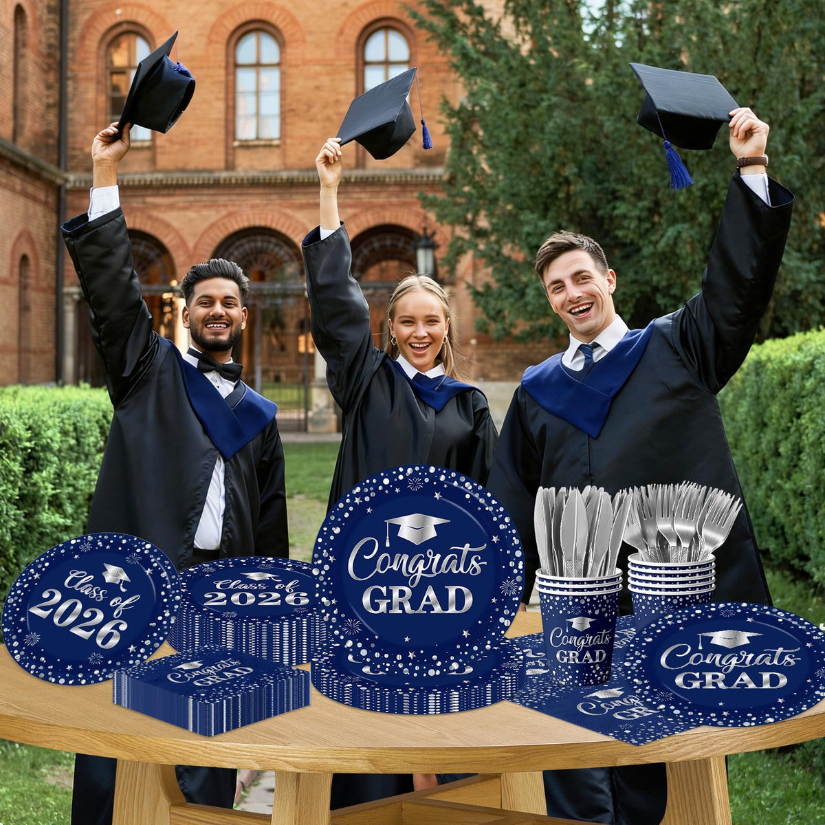 Pymurod graduation knives blue and silver, safe disposable utensils for sharing moments.
