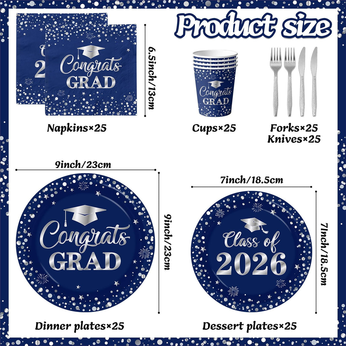Pymurod graduation dinner plates 7-inch blue and silver, ideal for desserts and bites.