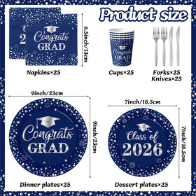 Pymurod graduation dinner plates 7-inch blue and silver, ideal for desserts and bites.