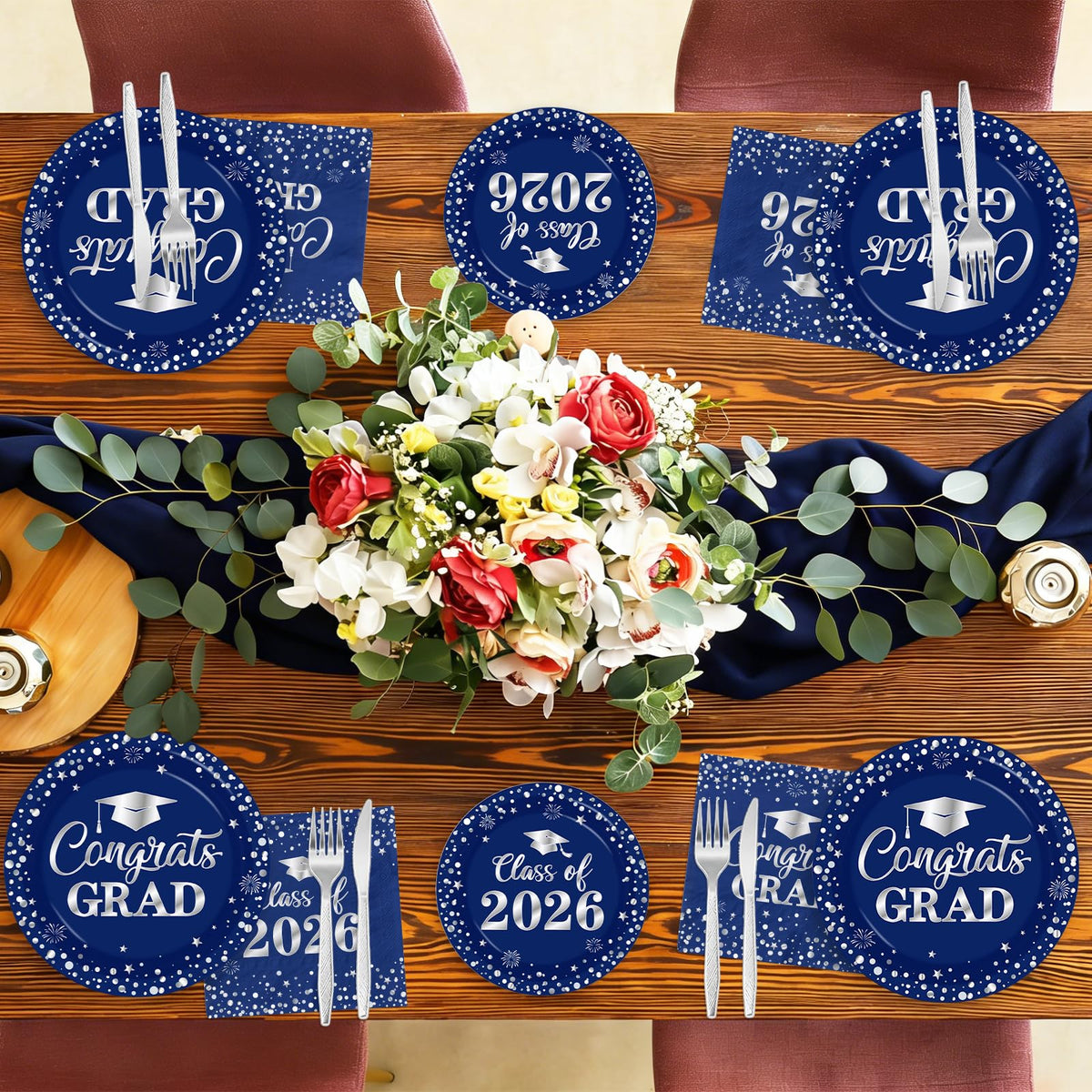 Pymurod graduation napkins 6.5-inch blue and silver, soft and absorbent for quick spills.