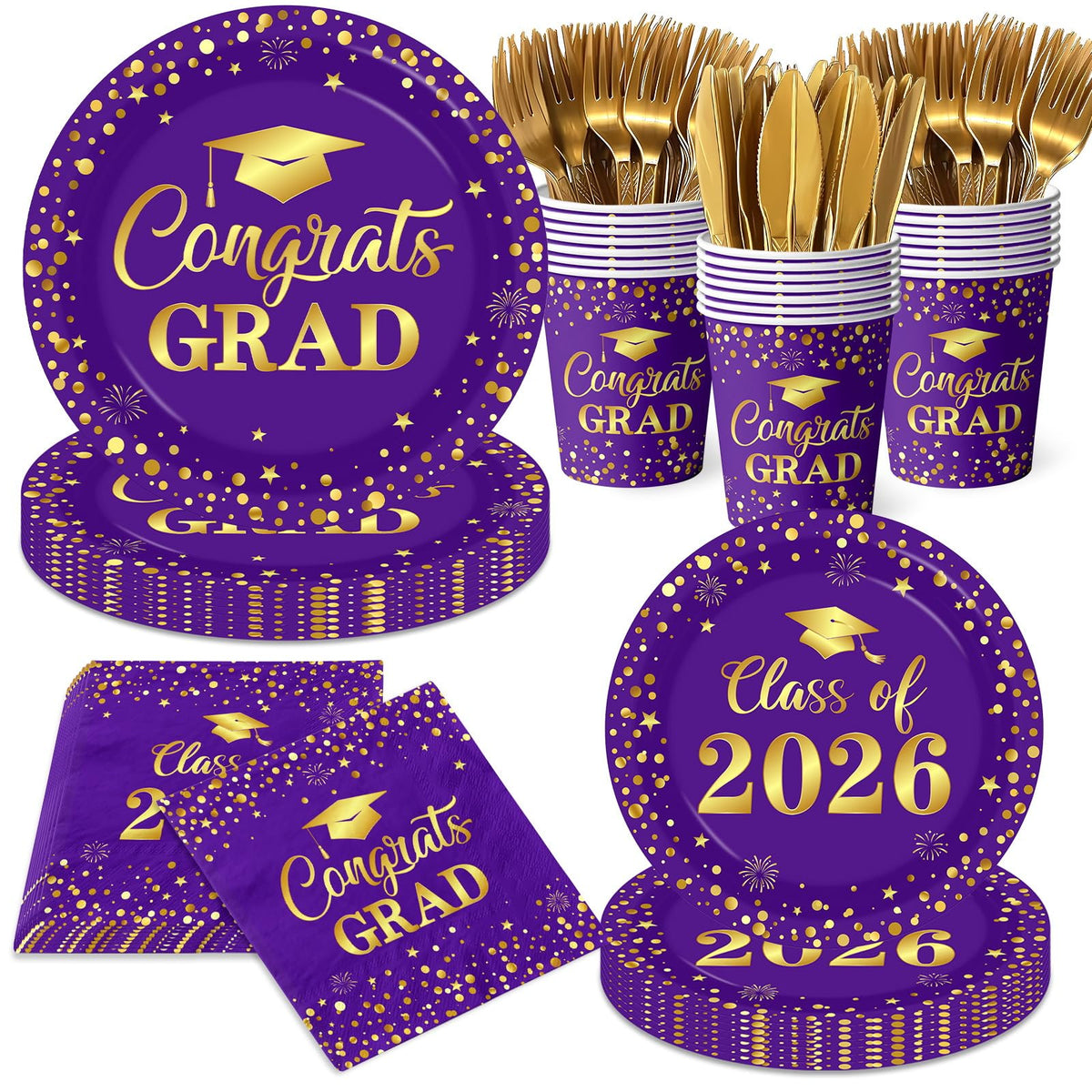 Pymurod graduation plates 9in in purple and gold, perfect for a Class of 2026 celebration