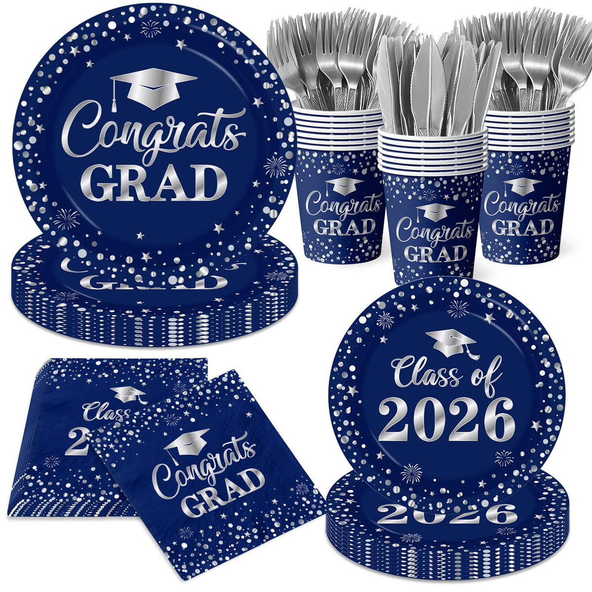 Pymurod graduation plates 9-inch blue and silver, sturdy for serving meals at celebrations.