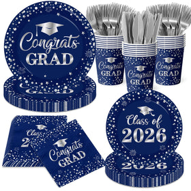 Pymurod graduation plates 9-inch blue and silver, sturdy for serving meals at celebrations.