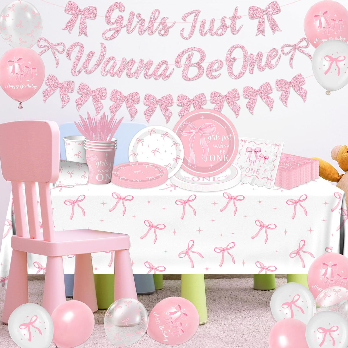 Pymurod pink bow tablecloth provides a sturdy surface for family meals.