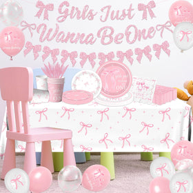 Pymurod pink bow tablecloth provides a sturdy surface for family meals.