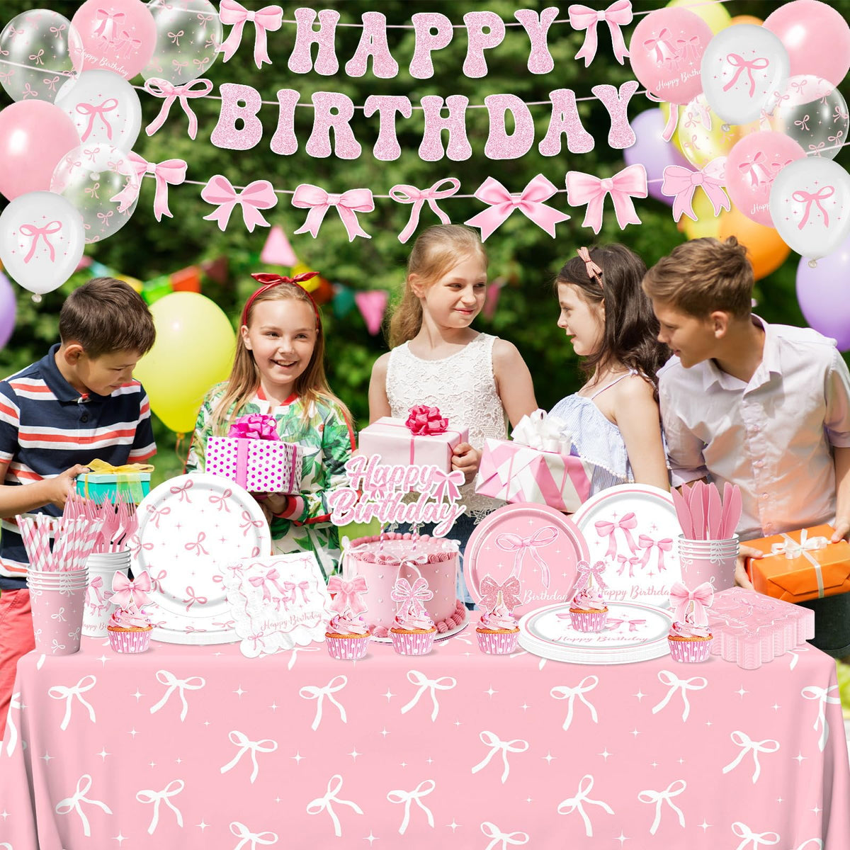 Pymurod pink bow tablecloth protects surfaces and ties the theme.