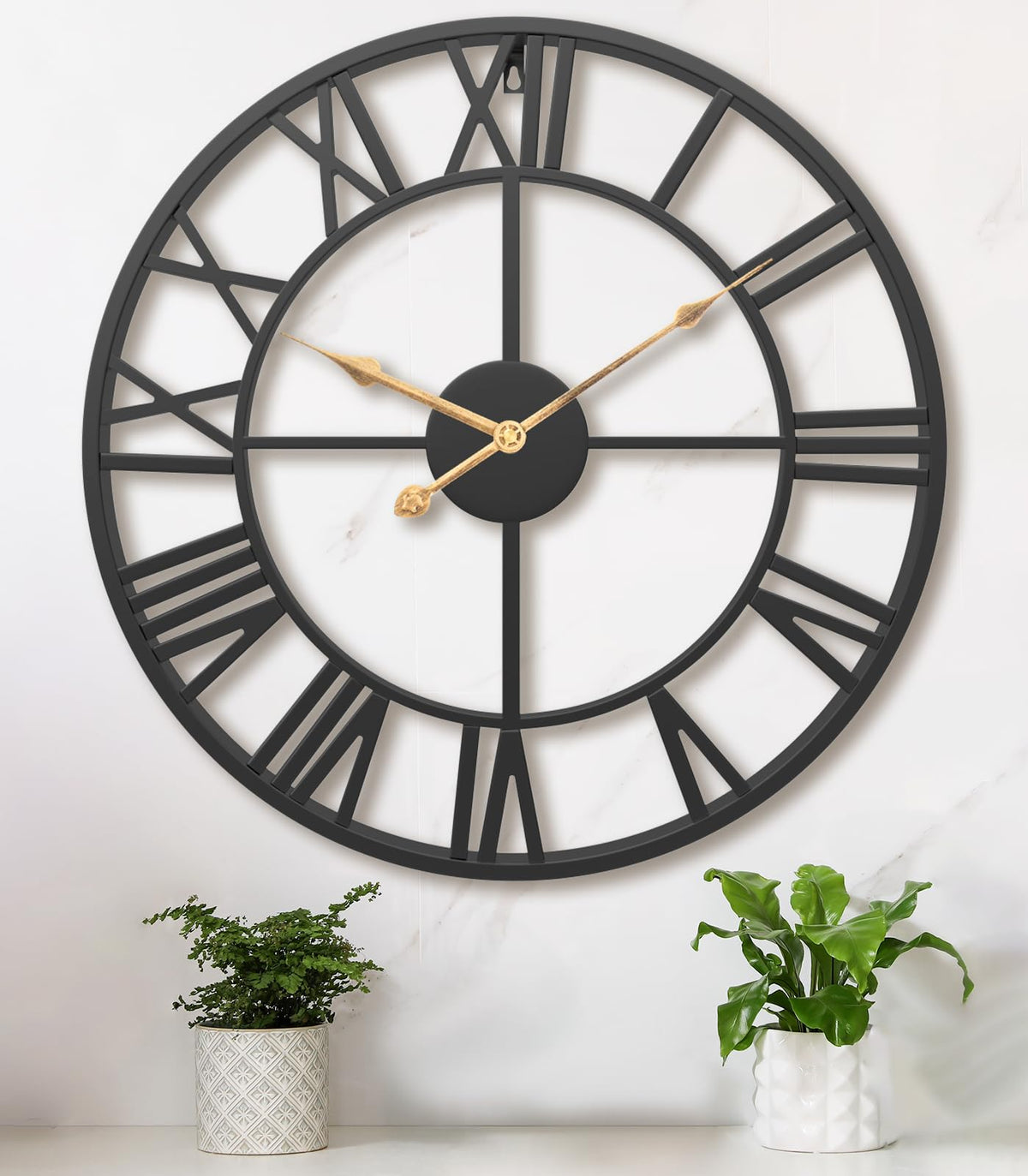 Pytha Sight 24-inch clock front view adds bold focal point to living room.
