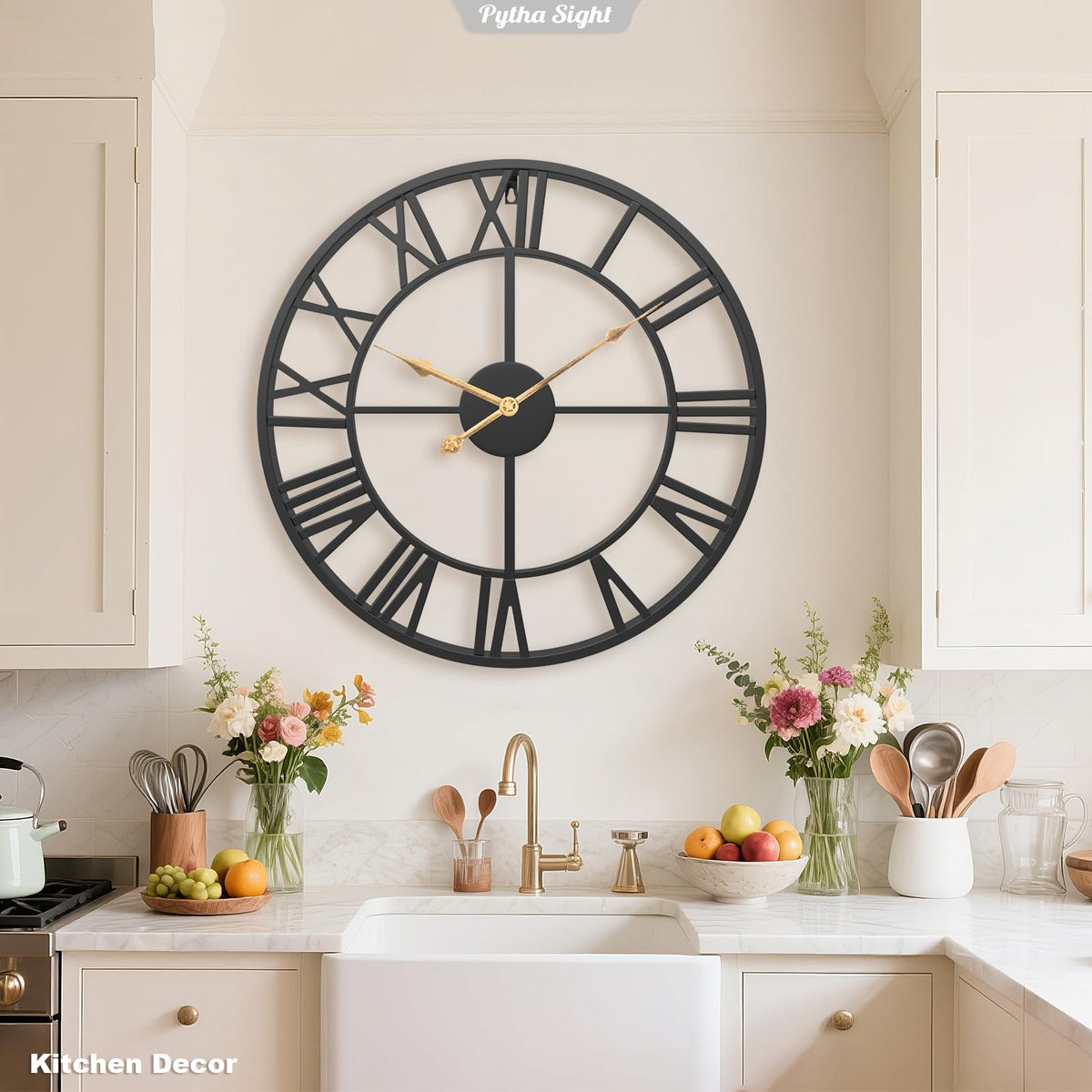 Pytha Sight dining room clock in metal and iron adds focal interest.