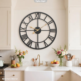 Pytha Sight dining room clock in metal and iron adds focal interest.