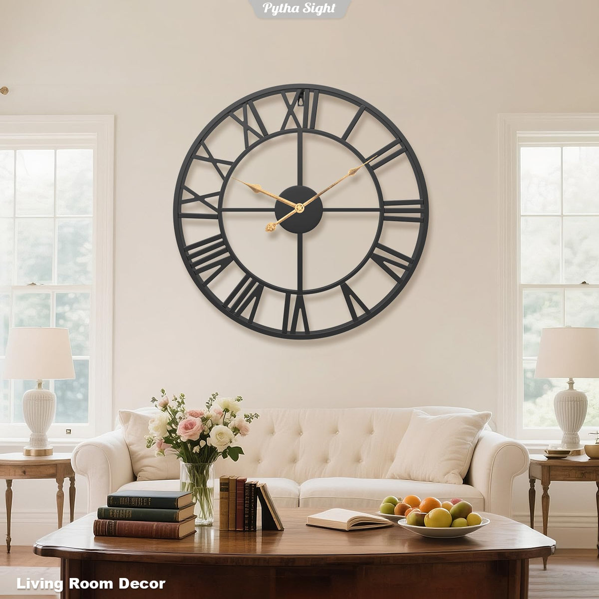 Pytha Sight living room wall clock on wall boosts room style.