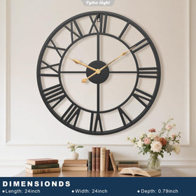 Pytha Sight oversized farmhouse clock with metal frame enhances vintage industrial charm.