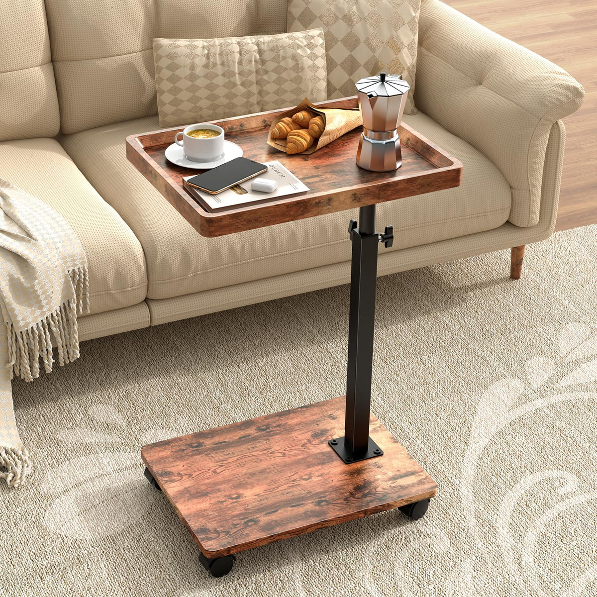 QAUUQQ C Table side table with adjustable height and wheels for easy sofa reach