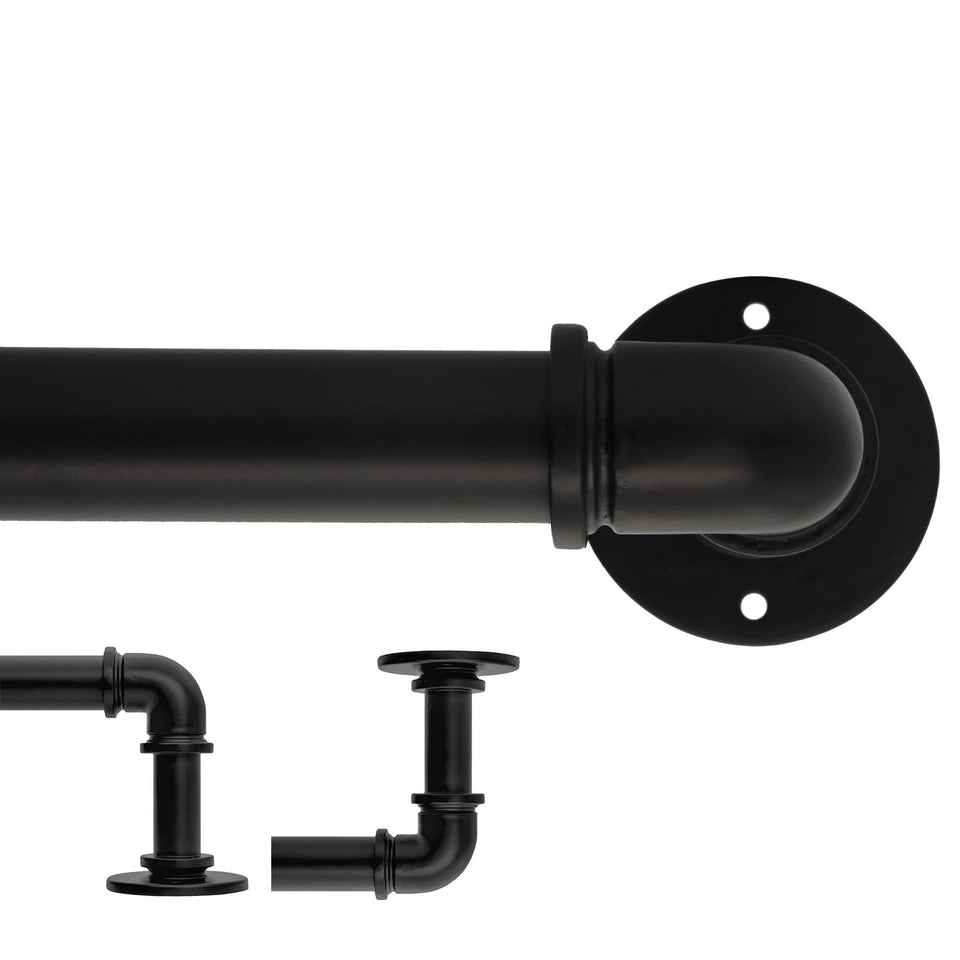 QBMVWF black industrial pipe curtain rod extended reach for wide window spans.