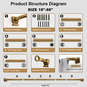 QBMVWF heavy-duty brass curtain rod with adjustable length fits versatile windows.