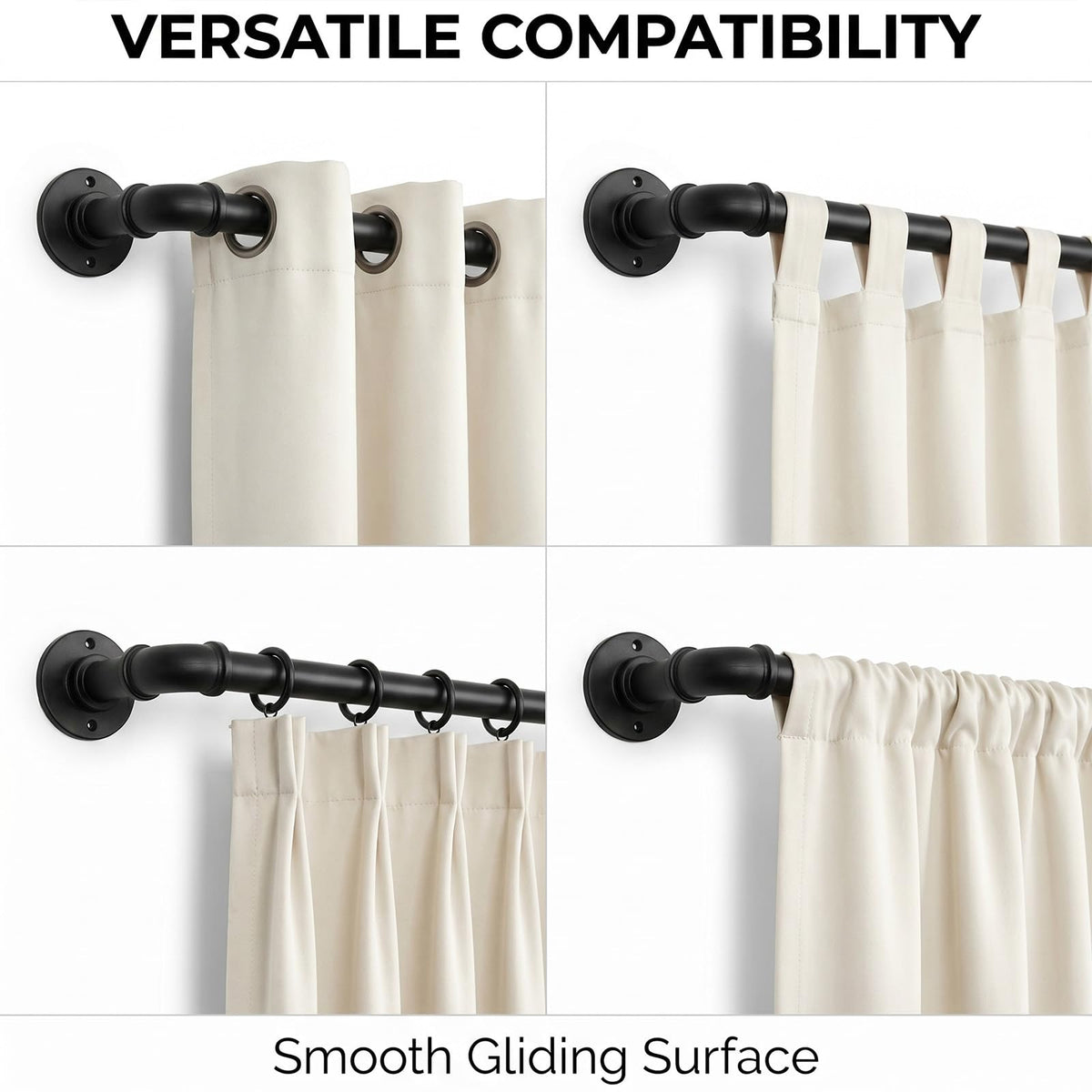 QBMVWF metal curtain rod features anti-slip brackets for wobble-free mounting.