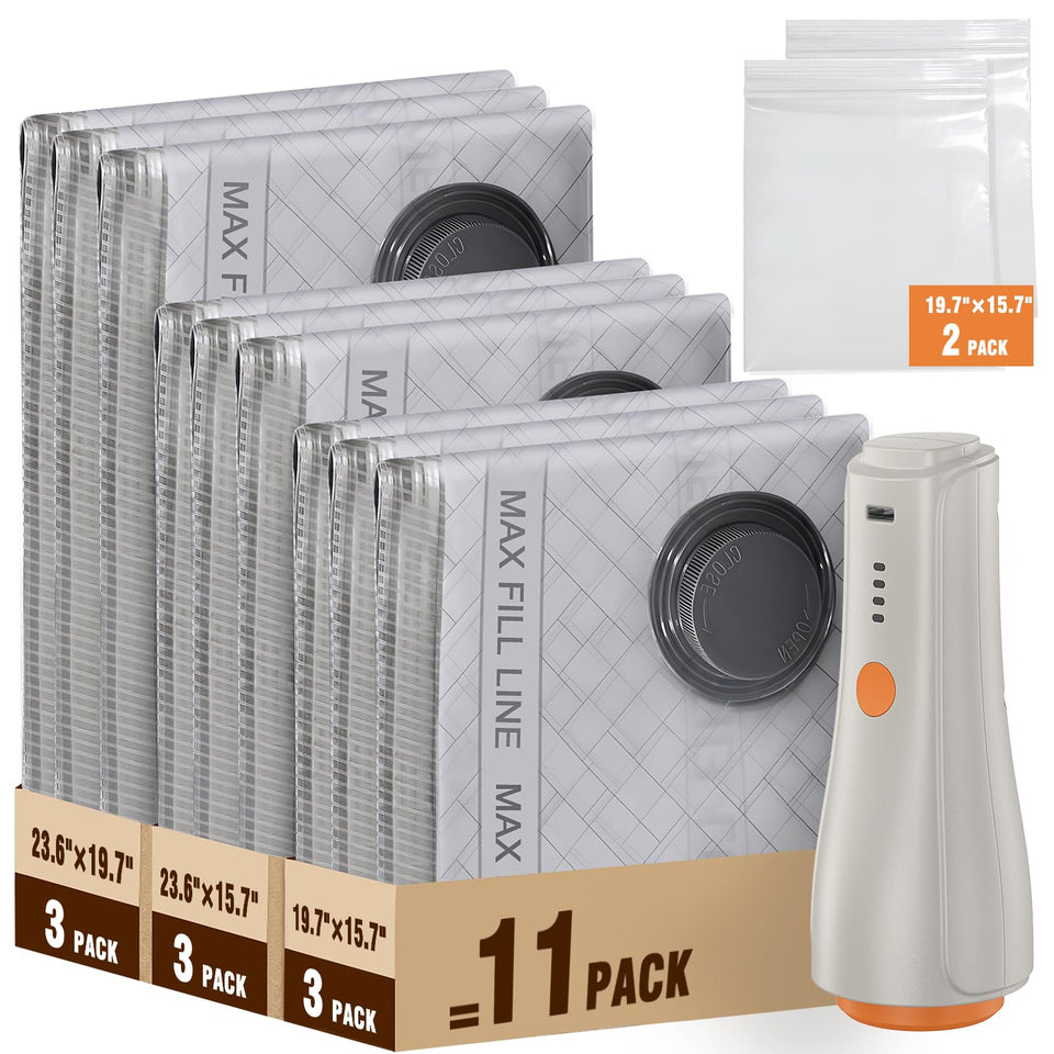 QcoQce vacuum bags showcase space-saving design for organized storage.