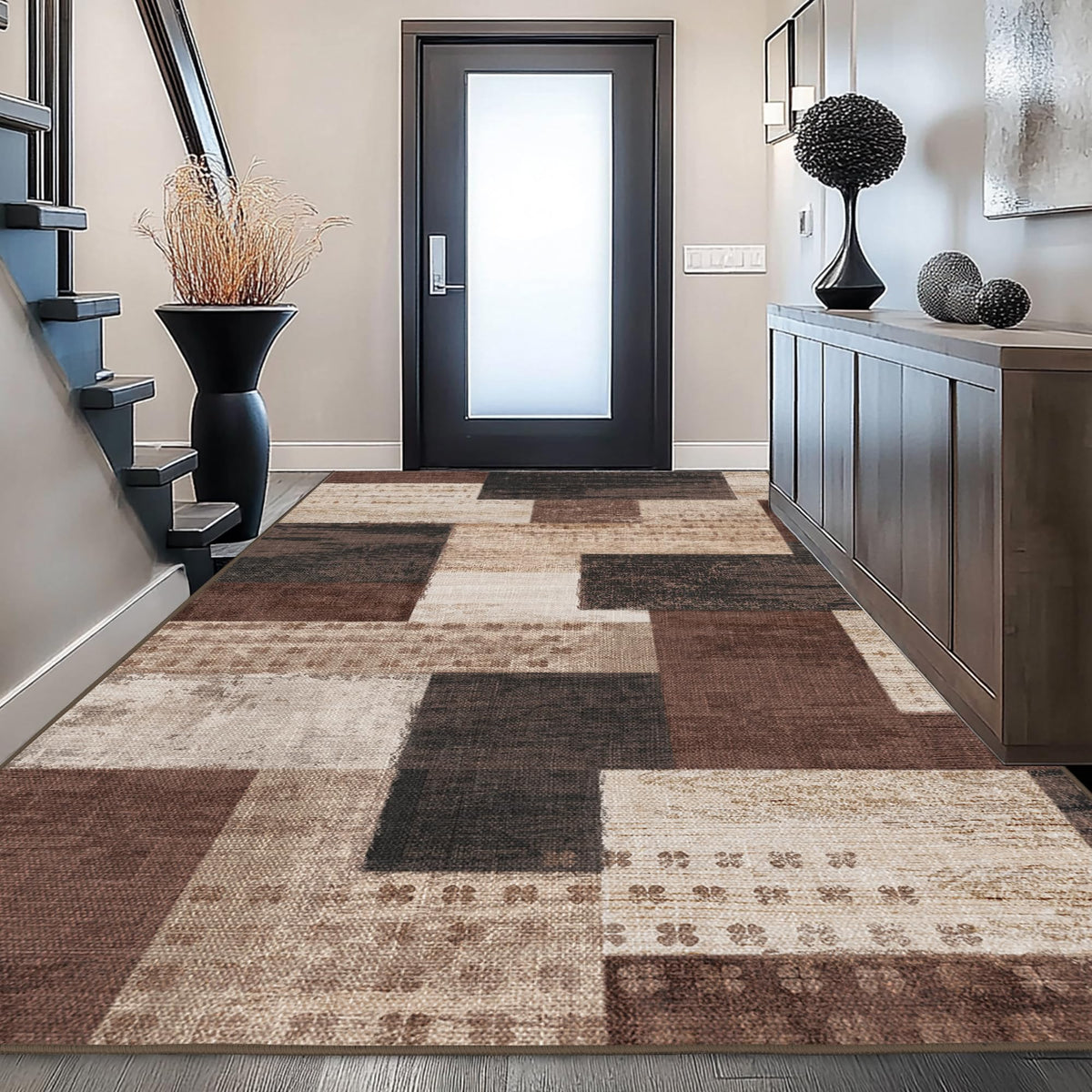 QDUIDU indoor area rug on wood floor defines seating areas and flow.