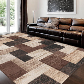 QDUIDU living room brown rug with plush artificial wool pile adds cozy texture.