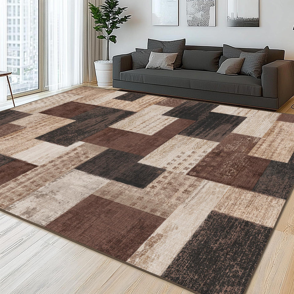 QDUIDU modern geometric patchwork rug 6x9 brown enhances living room warmth and style.