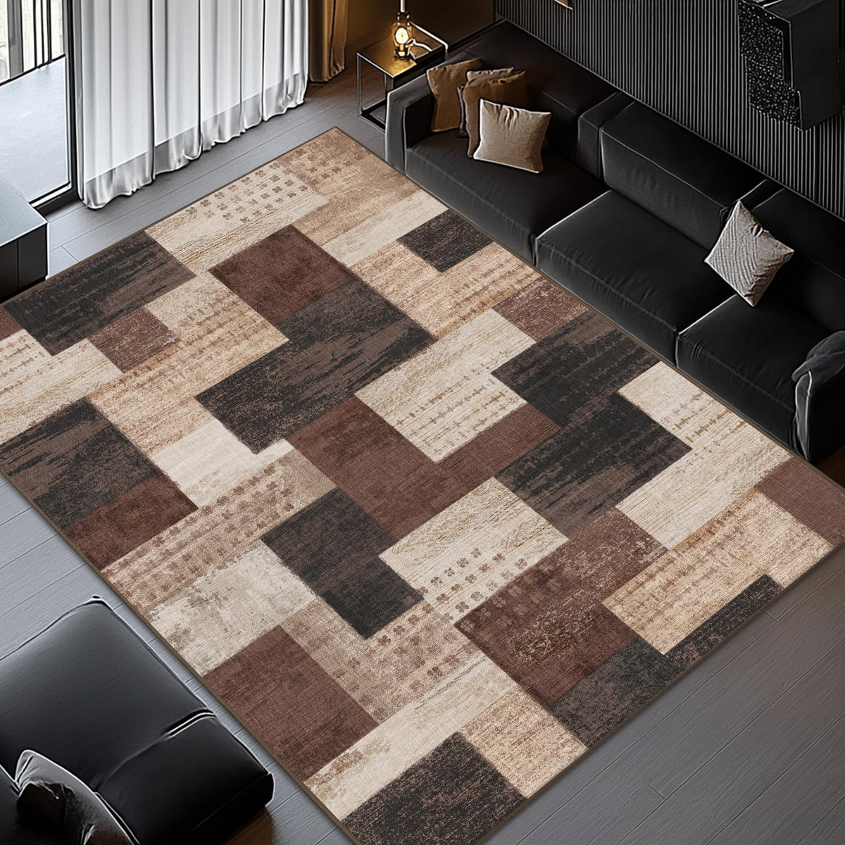 QDUIDU Rockwood collection rug complements hardwood floors with vintage-modern flair.