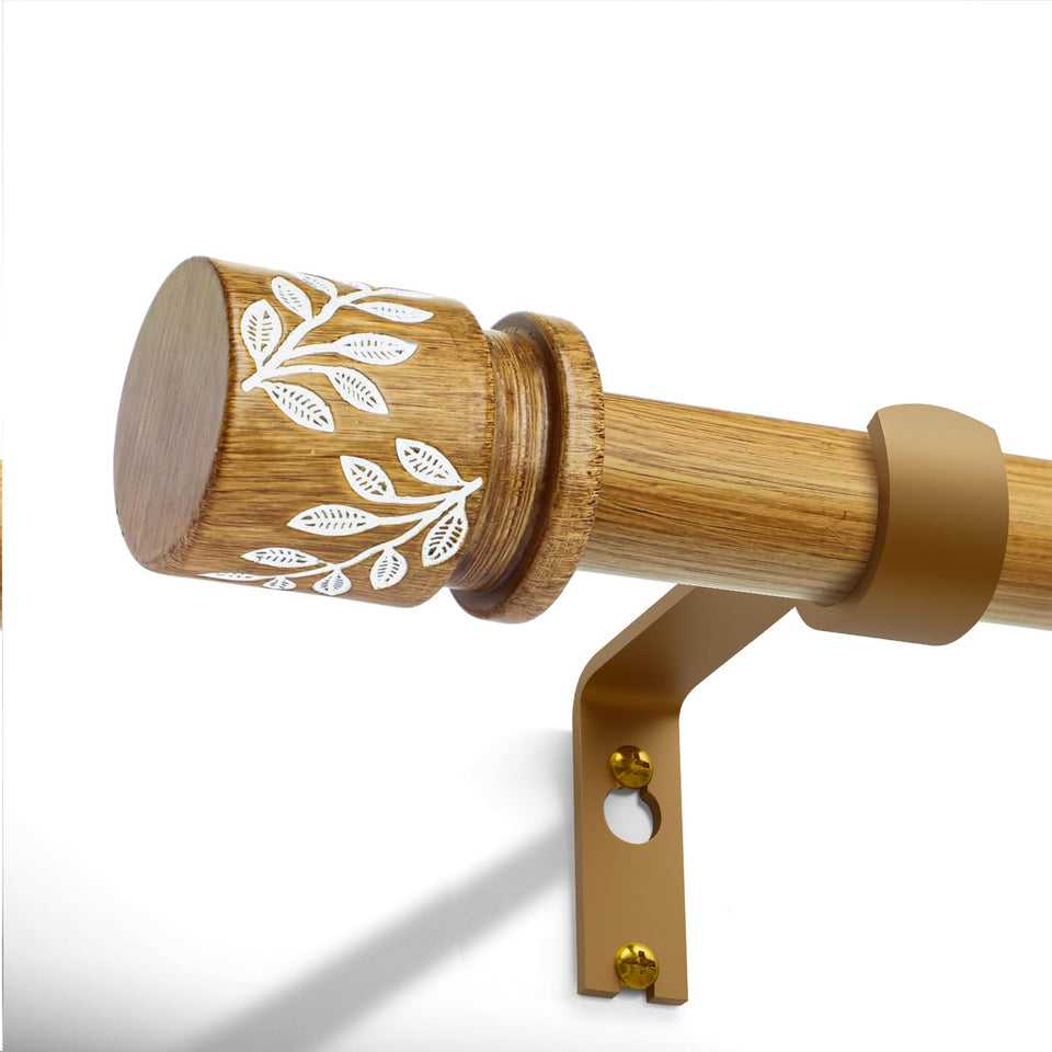 QDWIS natural wood curtain rod with leaf finial enhances rustic living room decor