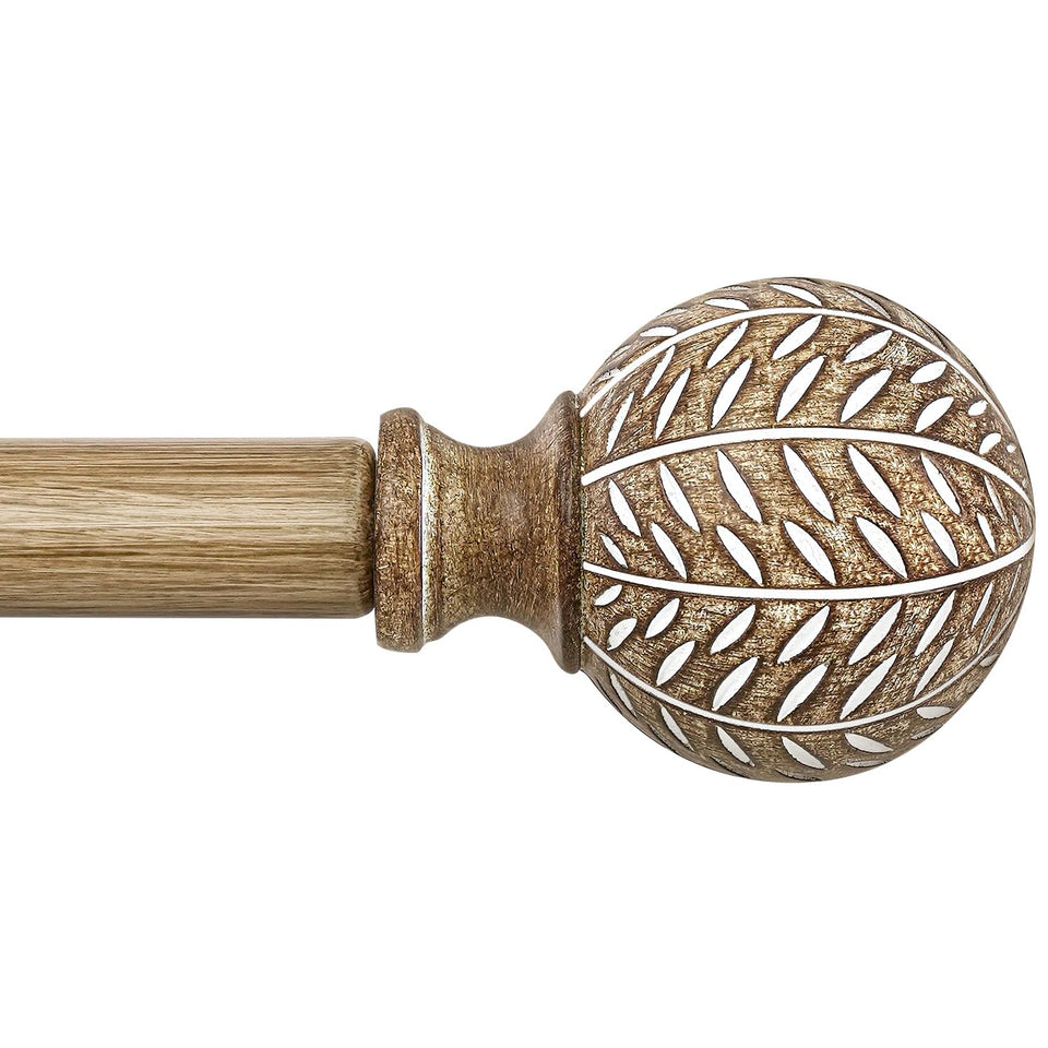 QDWIS weathered wood curtain rod with leaf-finial detail for vintage charm