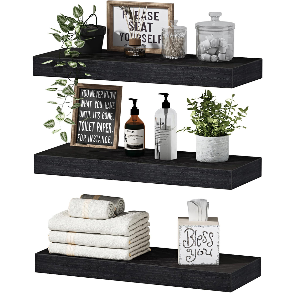 QEEIG floating shelves on bathroom wall provide space-saving storage.